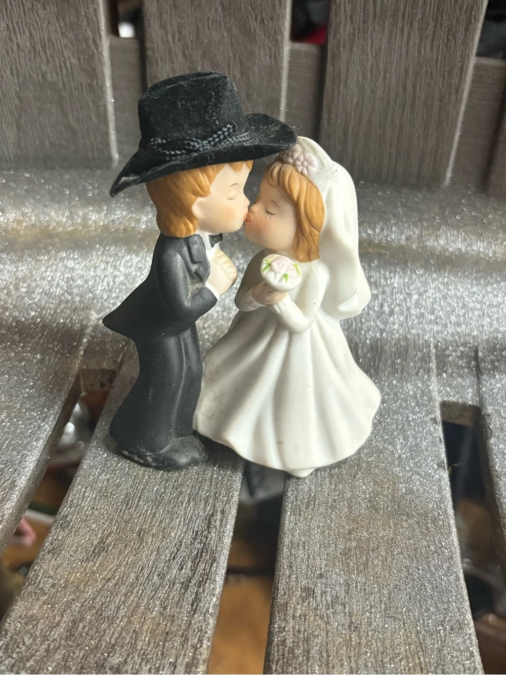 Vintage Romantic Bride and Groom Cake Topper in White and Black Cowboy